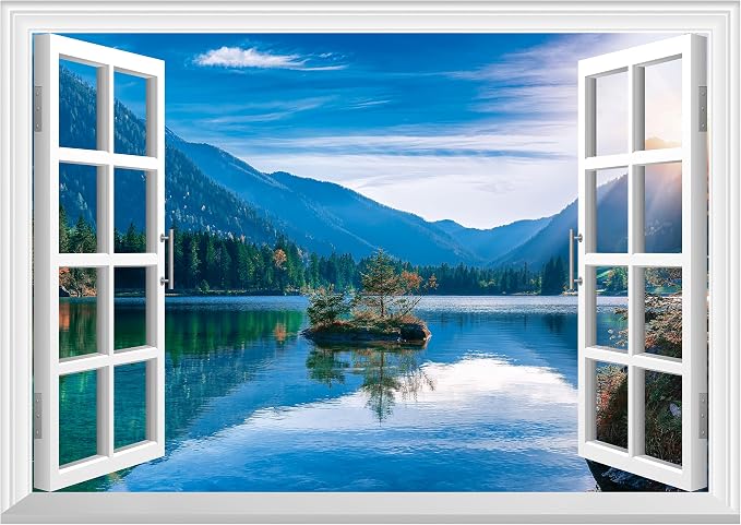 FLFK Fake Window Wall Decal - Mountain Lake Faux Window Wall Mural for Wall Decor, Peel and Stick Wall Sticker,24"x16" by FLFK