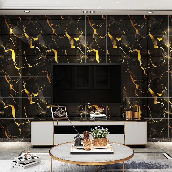 20pcs Black-Gold Marble Peel and Stick Shower Wall Panels | (11.8"x11.8",Total 19.4 Sq.Ft.) Waterproof,Backsplash Tile,Stick on Wall,for Bathroom,Bedroom,Kitchen,Entryway,TV Wall - Image 2