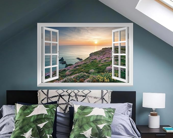 FLFK Fake Window Wall Mural - Sunset Over the Sea Faux Window Wall Sticker for Wall Decor, Stick and Peel Wall Decals,48"x32",Set of 2 Sheets - Image 4
