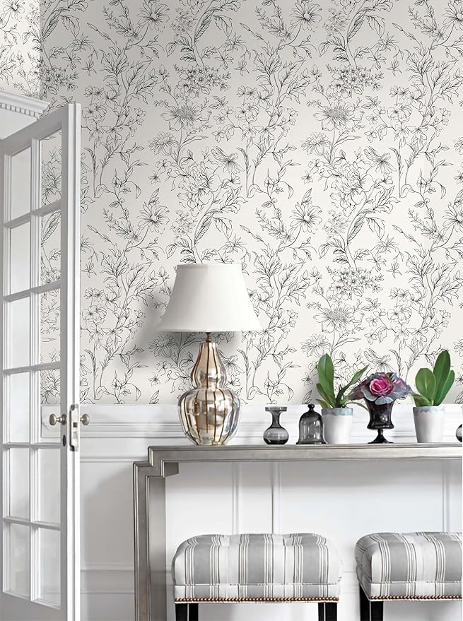 Hopepak Black and Cream White Wallpaper Floral Peel and Stick Wallpaper 17.3" x 78.7" Self Adhesive Removable Vintage Wall Paper for Bedroom Flower Boho Contact Paper for Cabinets Drawers Vinyl - Image 5