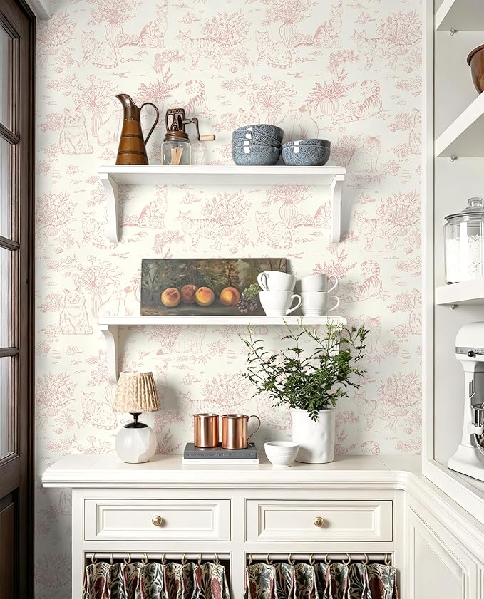 Guvana Pink Peel and Stick Wallpaper Cat Wall Paper Vintage Animal Contact Paper Vinyl Waterproof Wallpaper Floral Slef Adhesive Removable for Living Room Bedroom Kitchen Bathroom 17.3"×78.7" - Image 4