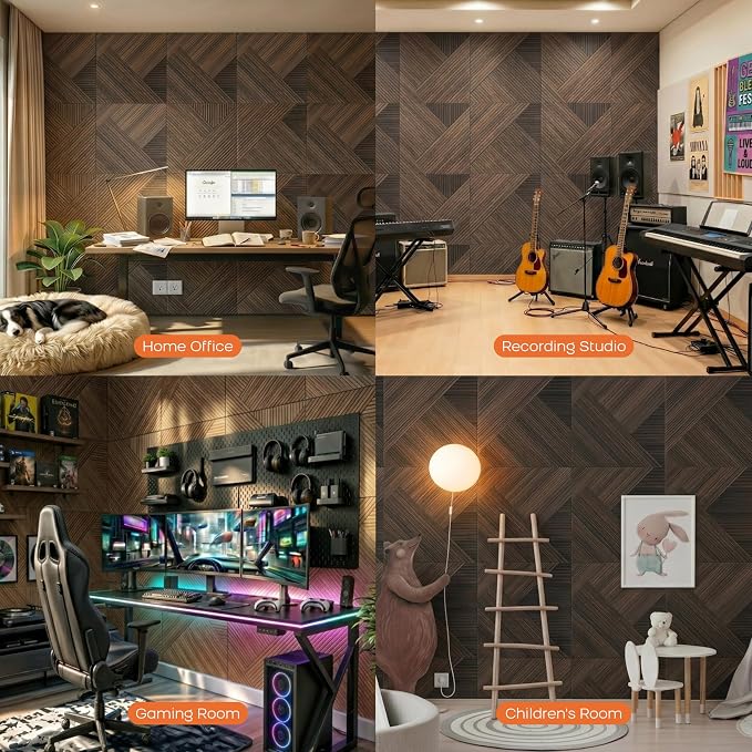 BUBOS 6 Pack Wood Wall Panel,23.6"x23.6" Peel and Stick Faux Acousitc Panel | Luxury Walnut Woodgrain Textured Panel for Wall & Home Decor - Self Adhesive Sound Absorbing for Studio,Office, Living Room - Image 6