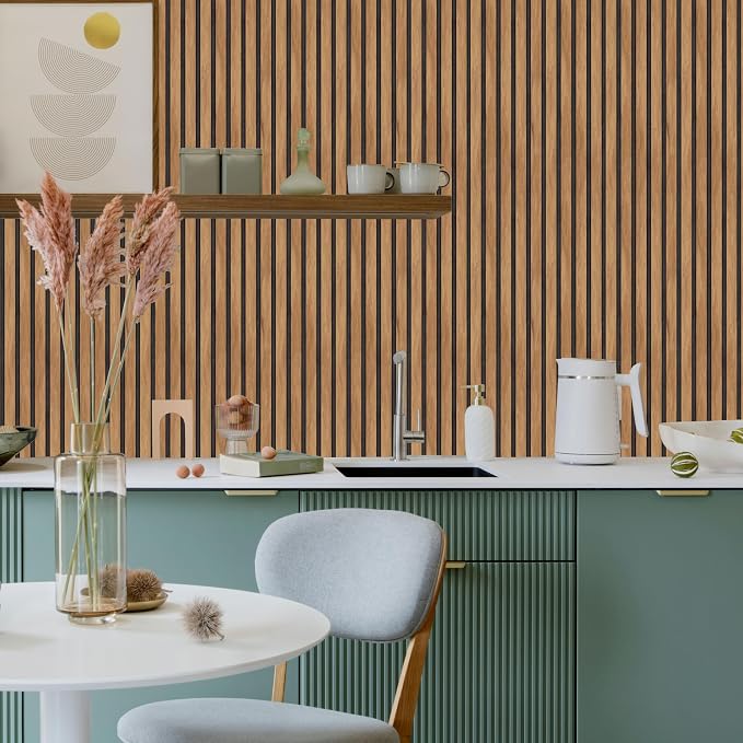 Main Street Peel and Stick Wallpaper Sheets, Wood Slat Panel, 12-Pack | 11 x 16 in sheet size; Covers up to 14.67 sq ft; Eco-friendly paper material; No paste or additional adhesive required - Image 4