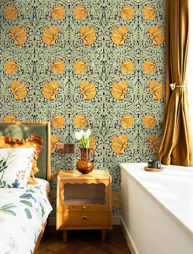 HAOKHOME William Morris Style Peel and Stick Wallpaper Art Deco Wall Paper | Green Black Yellow Textured Renter Friendly Removable Wall Paper Vintage Floral Bathroom Bedroom Contact Paper 17.3in x 9.8ft - Image 4
