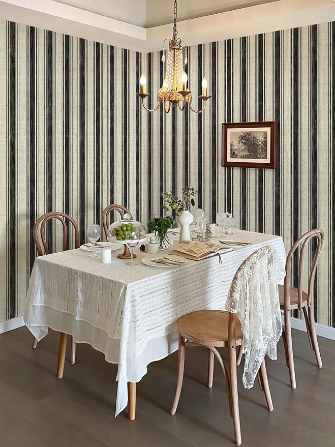 Safiyya Peel and Stick Wallpaper Black and Cream White 17.3"×393" Hand-Painted Striped Contact Paper Beige Vintage Wall Paper Self Adhesive Removable Wallpaper for Bedroom Bathroom Vinyl - Image 5