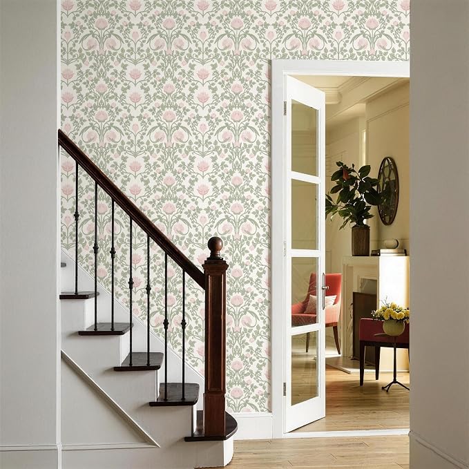 YXTII 590.5" × 17.3" Floral Wallpaper Peel and Stick Pink and Green Wallpaper Vintage Damask Wall Paper for Bedroom Bathroom Decorative Self Adhesive Contact Paper - Image 5