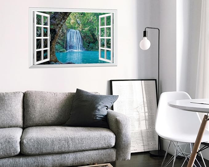 FLFK Fake Window Wall Mural - Waterfall and Lake in The Jungle Faux Window Wall Sticker for Wall Decor, Peel and Stick Wall Decals,48"x32",Set of 2 Sheets - Image 5