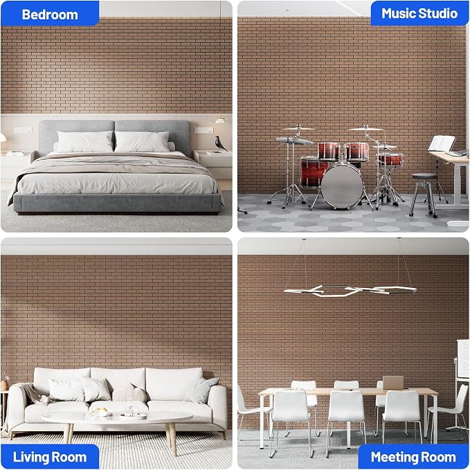 Self-Adhesive Acoustic Panels High Density Sound Proof Foam Panels for Wall | 16 Pack Brick Soundproof Wall Panels, 12" x 12" x 0.4" Sound Dampening Absorbing Panels for Home Studio Decor Office -Walnut - Image 6