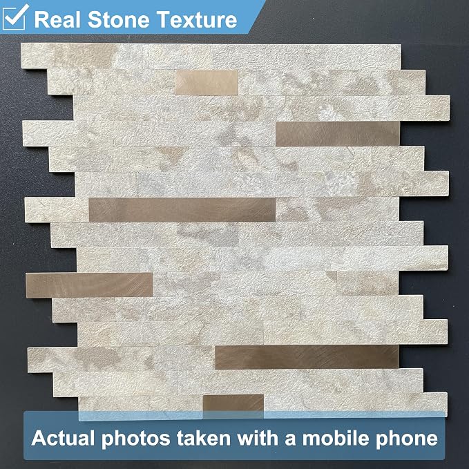 1 - Sheet Peel and Stick Backsplash Wall Tile, PVC Kitchen Backsplash, Stick on Tiles for Backsplash Kitchen (12'' X 12'', Beige Rocks) - Image 2
