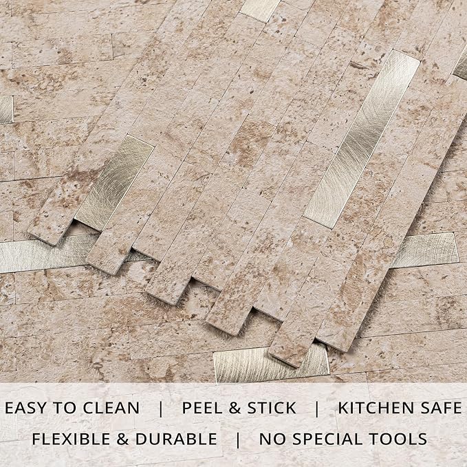 StyloVue 20 Sheets Peel and Stick Backsplash for Kitchen, 2026 Upgraded Classic Travertine Beige with Gold Metal Accents, Stick on Tile for Kitchen Backsplash, RV, Fireplace - Image 2