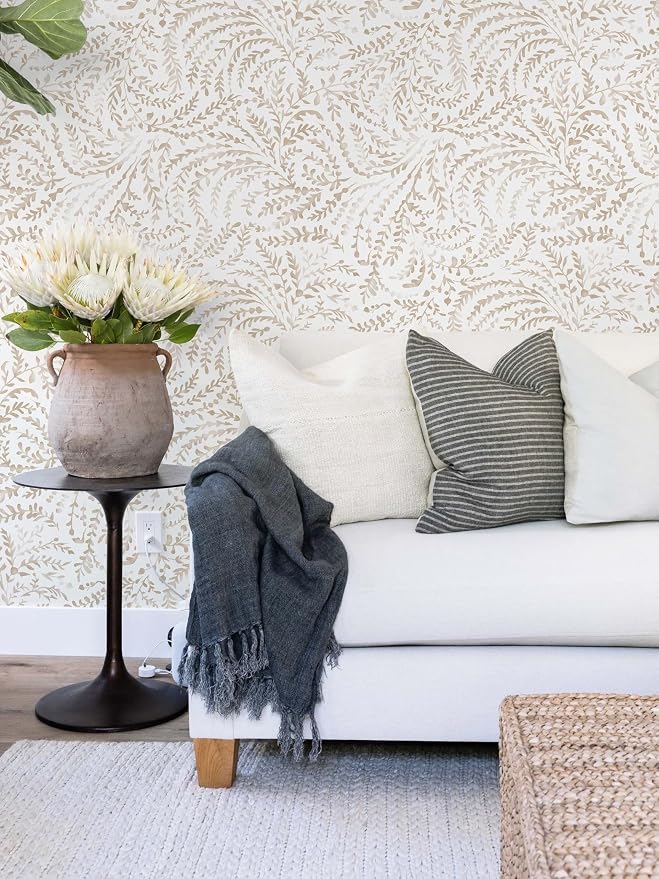 Ismoon Boho Peel and Stick Wallpaper Beige Neutral Farmhouse Contact Paper | 17.3x393in Leaf Botanical Stick on Wall Paper Removable Self Adhesive Vinyl Wallpaper for Bedroom Accent Wall Decor Hallway - Image 2