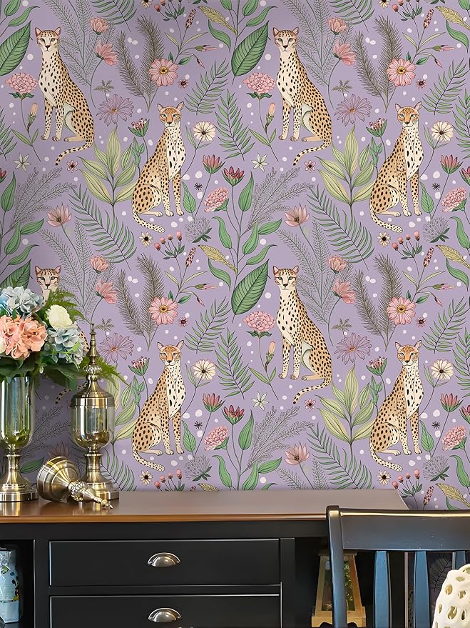 Floralplus Peel and Stick Wallpaper Floral Leopard Wallpaper Renter Friendly Removable Tropical Animal Wallpapers for Bathroom Boho Cheetah Textured Contact Paper for Countertop 17.5 x 393 in - Image 5