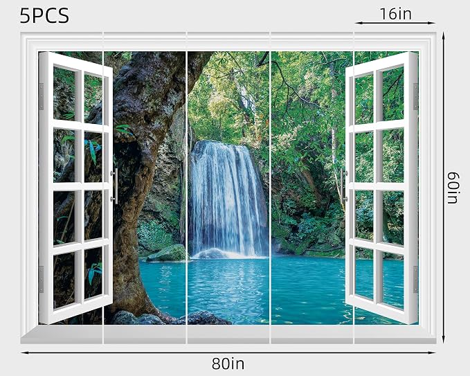 FLFK Fake Window Wall Mural - Waterfall and Lake in The Jungle Faux Window Wall Decal for Wall Decor, Peel and Stick Wall Sticker,80"x60",Set of 5 Sheets - Image 2