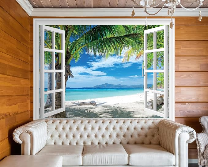 FLFK Fake Window Wall Mural - Beach Palm Trees Faux Window Wall Sticker for Wall Decor, Stick and Peel Wall Decals,80"x60",Set of 5 Sheets - Image 4
