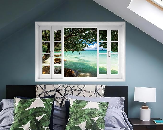 FLFK Fake Window Wall Mural - Tropical Beach Peel and Stick Decal, 48 x 32 inches, Set of 2 Sheets - Image 3