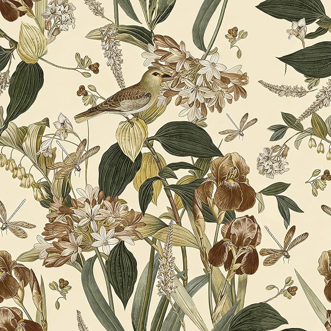Beige Floral Bird Peel and Stick Wallpaper for Cabinet 17in x 197in | Flower Contact Paper Vintage Floral Wallpaper Boho Self Adhesive Waterproof Wall Paper Botanical Removable Decorative Vinyl by lenify