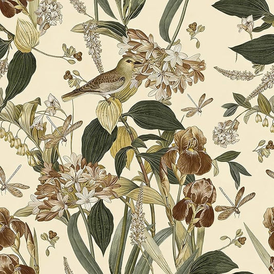 Beige Floral Bird Peel and Stick Wallpaper for Cabinet 17in x 118in | Flower Contact Paper Vintage Floral Wallpaper Boho Self Adhesive Waterproof Wall Paper Botanical Removable Decorative Vinyl by lenify