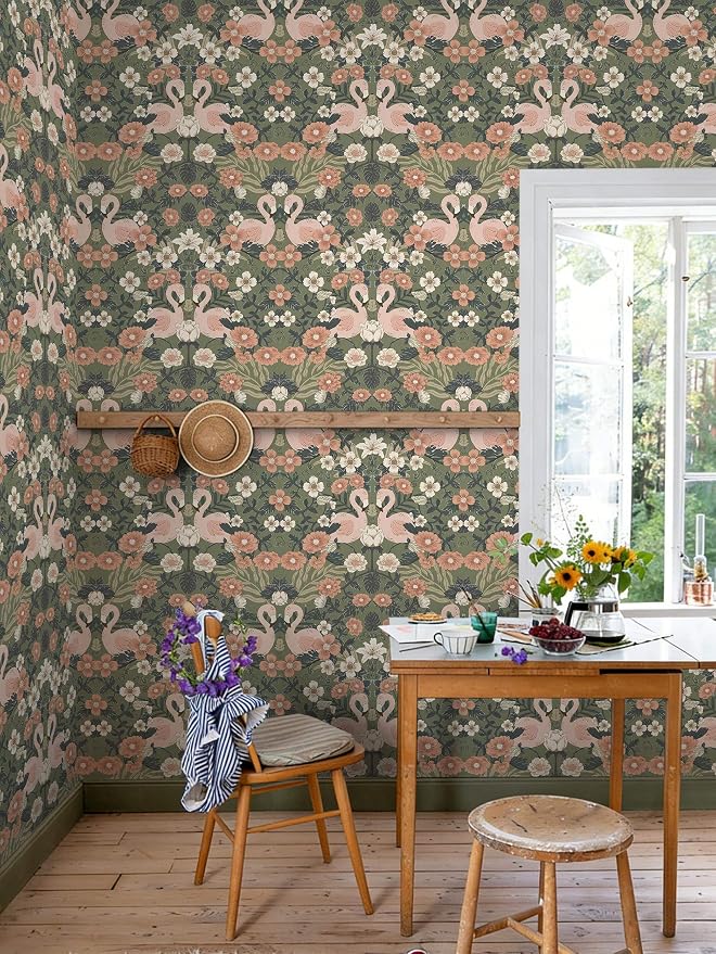 Heroad Vintage Peel and Stick Wallpaper 17.3''X 385'' Floral Flamingo Contact Paper Sage Green William Morris Wall Paper Removable Renter Friendly Wallpaper for Bedroom Nursery Farmhouse Vinyl Rolls - Image 5