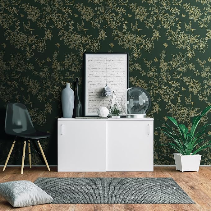 Froluya Green and Gold Peel and Stick Wallpaper for Bathroom 17.7in×590.5in | Dark Green Floral Wallpaper Vintage Contact Paper Peel and Stick Flowers Birds Removable Self Adhesive Cabinets Wall Paper - Image 7