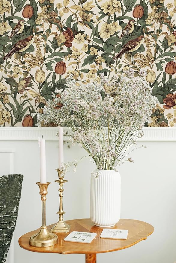 Erfoni Floral Birds Wallpaper Vintage Floral Peel and Stick Wallpaper Beige | 17.3" x118" Decoration DIY Self Adhesive Contact Paper Removable Wallpaper for Bedroom Cabinets Covering Boho Flower Leaf - Image 4