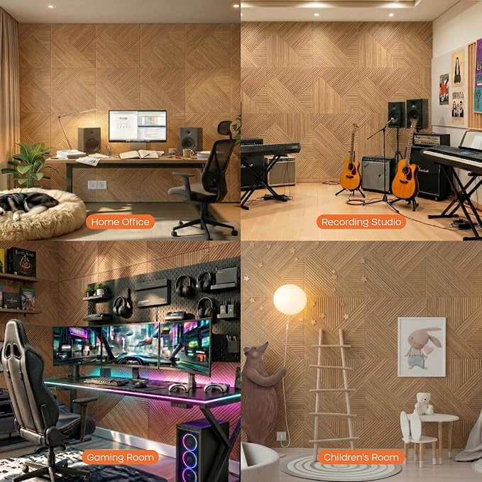 BUBOS 6 Pack Wood Wall Panel,23.6"x23.6" Peel and Stick Faux Acousitc Panel | Luxury Teak Woodgrain Textured Panel for Wall & Home Decor - Self Adhesive Sound Absorbing for Studio,Office, Living Room - Image 6