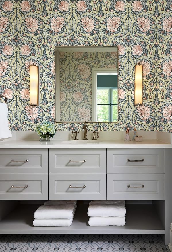 HAOKHOME William Morris Style Peel and Stick Wallpaper Floral Terracotta | Vintage Textured Renter Friendly Removable Wall Paper Grey Yellow Bathroom Bedroom Self Adhesive Contact Paper 17.3in x 9.8ft - Image 2