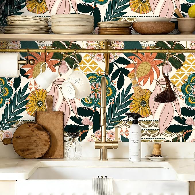 HAOKHOME Tropical Peel and Stick Wallpaper Boho Floral Botanical Bathroom | Textured Removable Waterproof Renter Friendly Wall Paper Cream Pink Green Leaf Floral Abstract Bohemian Bedroom 17.3in x9.8ft - Image 7
