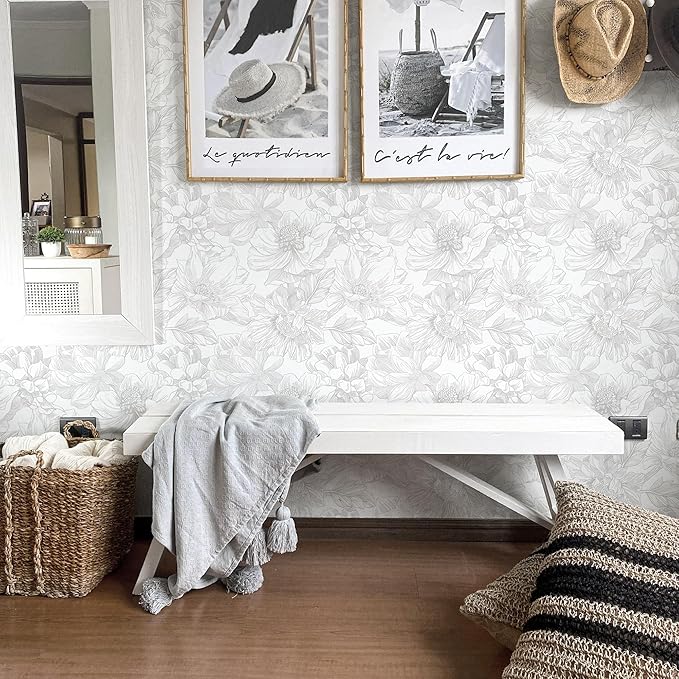 Ismoon Large Floral Peel and Stick Wallpaper Boho White/Grey Contact Paper 17.3inx16.3ft Removable Self Adhesive Bedroom Cabinet Mural Wall Decor Vinyl Roll - Image 4
