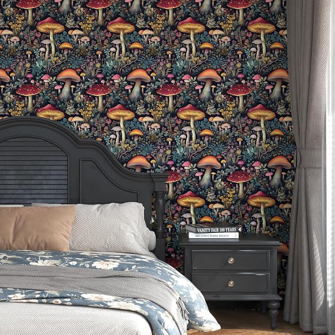 BOKEBEVE Mushoroom Wallpaper Peel and Stick Boho Black Red 17.5 x196In | Removable Self Adhesive Renter Friendly Vintage Floral Wall Paper for Bedroom Bathroom Living Room Feature Accent Wall - Image 6