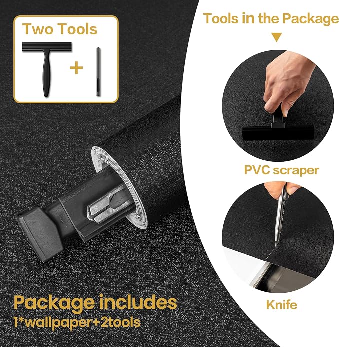 Black Wallpaper Peel and Stick with Tools, Matte Black Contact Paper | Self-Adhesive and Removable 17.7'' x 590.5'', Thickened Wall Paper for Cabinets, Drawers and Countertop - Image 2