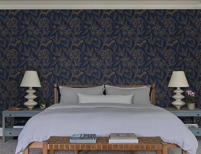 Timeet Peel and Stick Wallpaper Gold and Blue Floral Wall Paper for Bedroom Removable Self Adhesive Elegant Contact Paper Decor 17.7In × 78.7In - Image 7