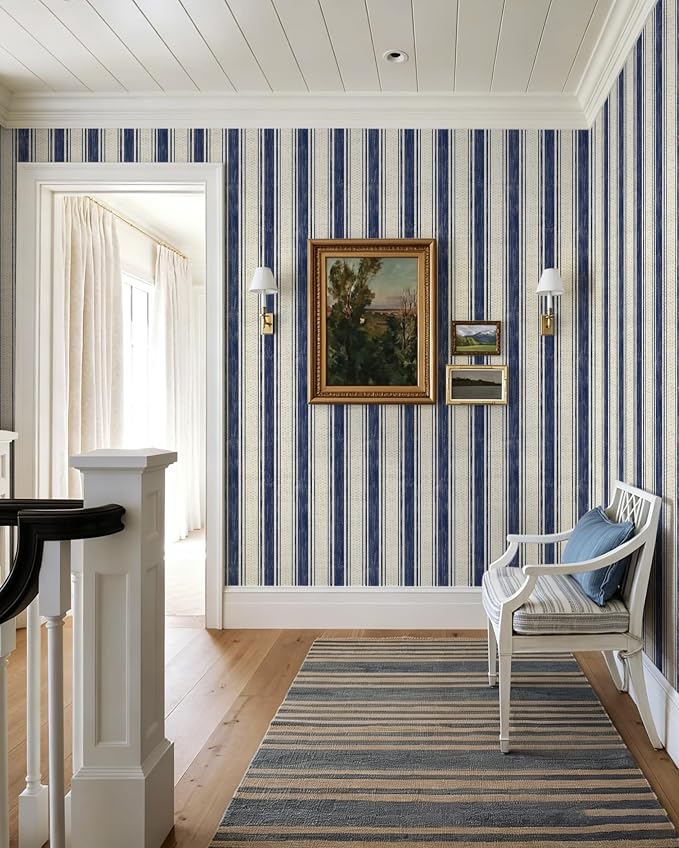 Safiyya Wallpaper Peel and Stick Blue and Cream White Hand-Painted Striped Contact Paper Vintage Wall Paper Self Adhesive Removable Wallpaper for Bedroom Bathroom Vinyl 17.3"×78.7" - Image 5