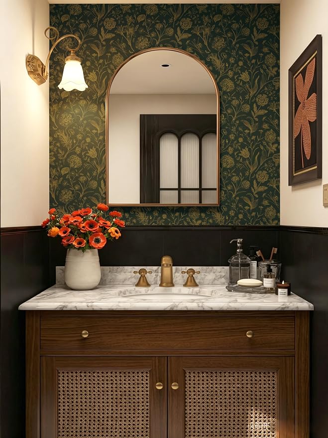 Dark Green and Gold Floral Peel and Stick Wallpaper 17in x118in | Floral Wallpaper Boho Removable Contact Paper Botanical Self Adhesive Decor Flower Wall Paper for Cabinets Bathroom - Image 7