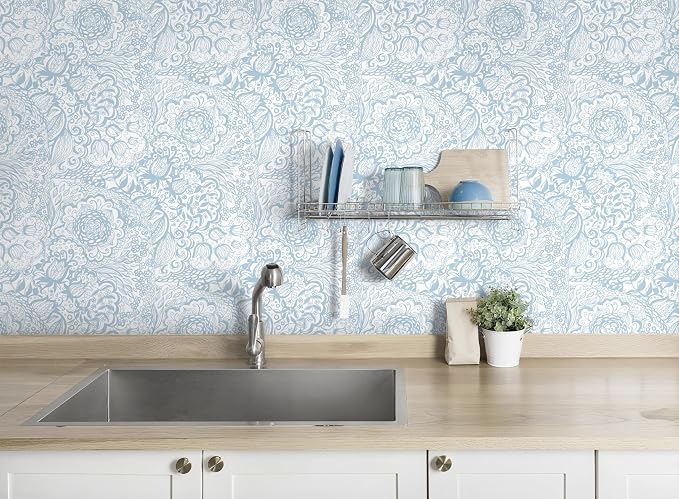 Peel and Stick Wallpaper Boho Blue and White Floral Wallpaper for Bedroom Bathroom Removable Self-adhsive Contact Paper for Cabinets NurseryShelf Liner 17.3" x 118" - Image 7