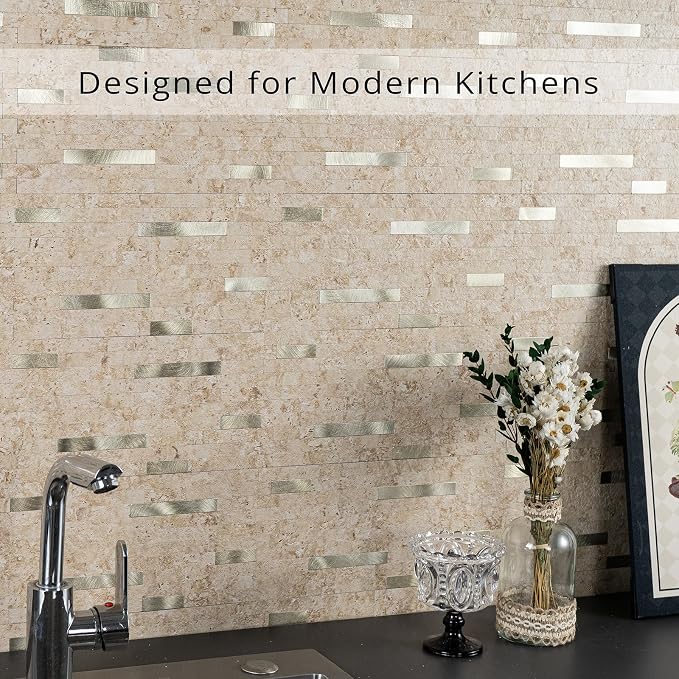 StyloVue 20 Sheets Peel and Stick Backsplash for Kitchen, 2026 Upgraded Classic Travertine Beige with Gold Metal Accents, Stick on Tile for Kitchen Backsplash, RV, Fireplace - Image 7