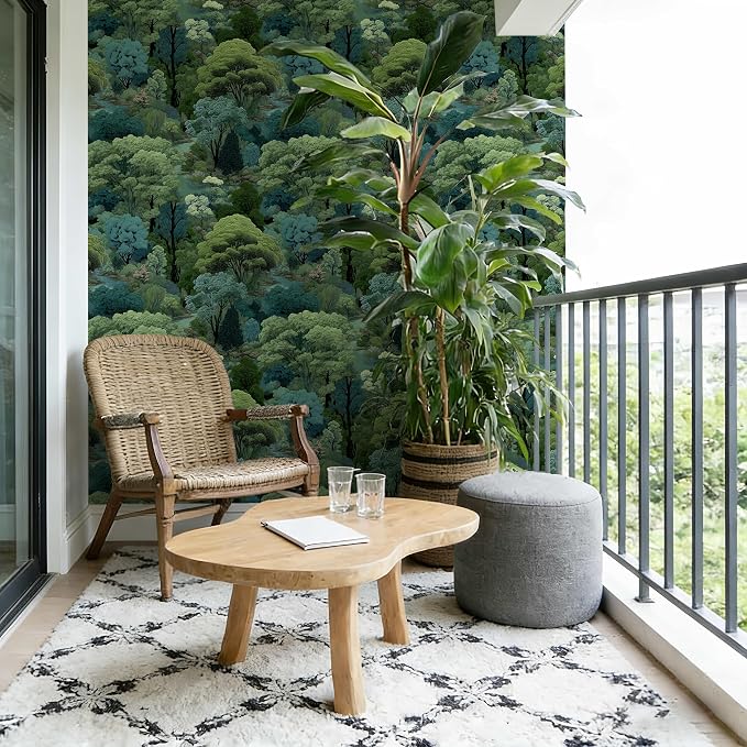 Serene Forest Stream Peel and Stick Wallpaper Forest | Green and Teal Art Deco Woodland Pattern Wallpaper for Home Decor | 17.7" x 118", Self-Adhesive, Waterproof Vinyl - Image 6