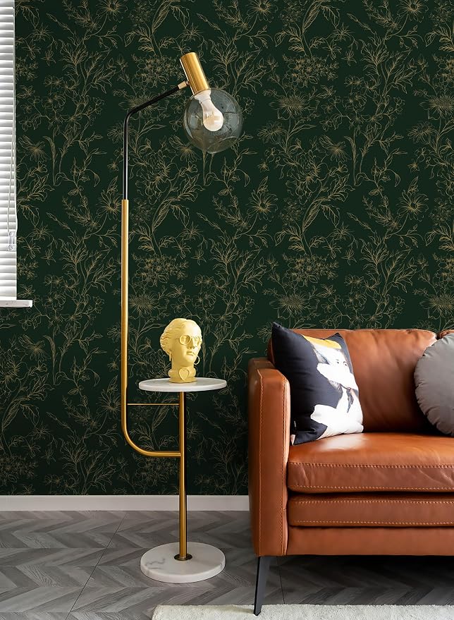 Hopepak Gold and Green Floral Wallpaper Peel and Stick Wallpaper for Bedroom 17.3" x 78.7" Self Adhesive Removable Wall Paper Waterproof Contact Paper Vinyl Roll for Bathroom Living Room - Image 2