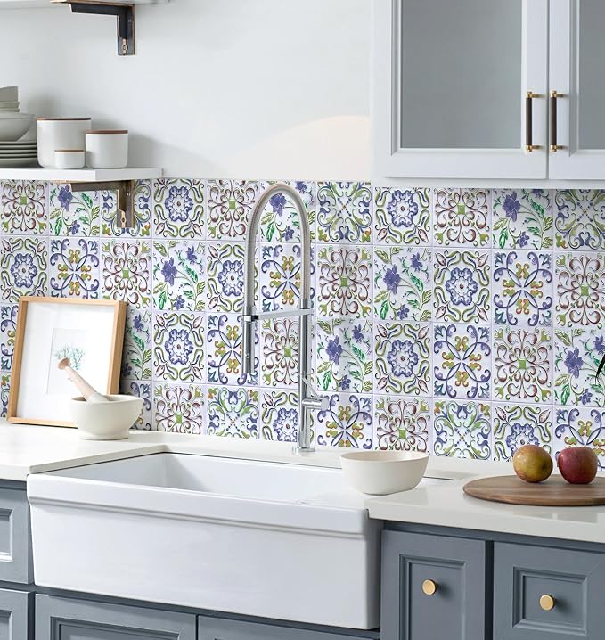 Wudnaye Blue Tile Peel and Stick Backsplash Wallpaper for Kitchen 17"×118" | Faux Tile Contact Paper Vintage Boho Self Adhesive Wallpaper Peel and Stick Tile Pattern Waterproof Removable Wall Paper - Image 3