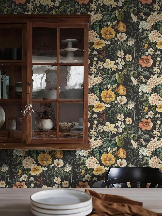 Livebor Black Floral Peel and Stick Wallpaper Flower Wallpaper16.9 x118.1 | Vintage Floral Contact Paper Boho Self Adhesive Botanical Wall Paper for Kitchen Waterproof Cabinets Decorative Vinyl - Image 9