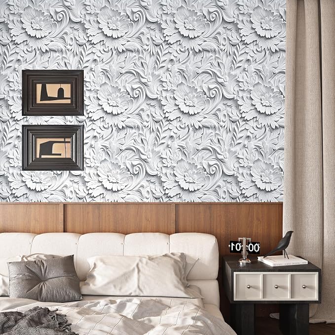 ReWallpaper Faux 3D Wall Panels Peel and Stick Wallpaper Modern Flat 3D Effect Wall Mural Removable Art Decor Gray Floral Ceiling Wallpaper for Bedroom Bathroom Waterproof Contact Paper 17.5inx10ft - Image 7