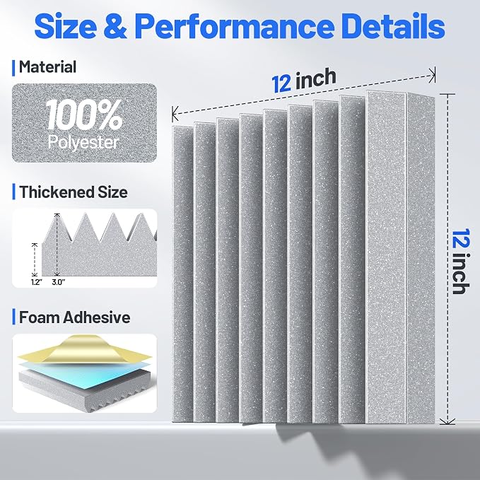 Self-Adhesive Sound Proof Foam Panels For Walls High Density Acoustic Panel | 36 Pack Soundproof Wall Panels Fast-Expanding, 3”×12”×12” Sound Dampening Absorbing Panel for Gaming Studio Decor - Gray - Image 6