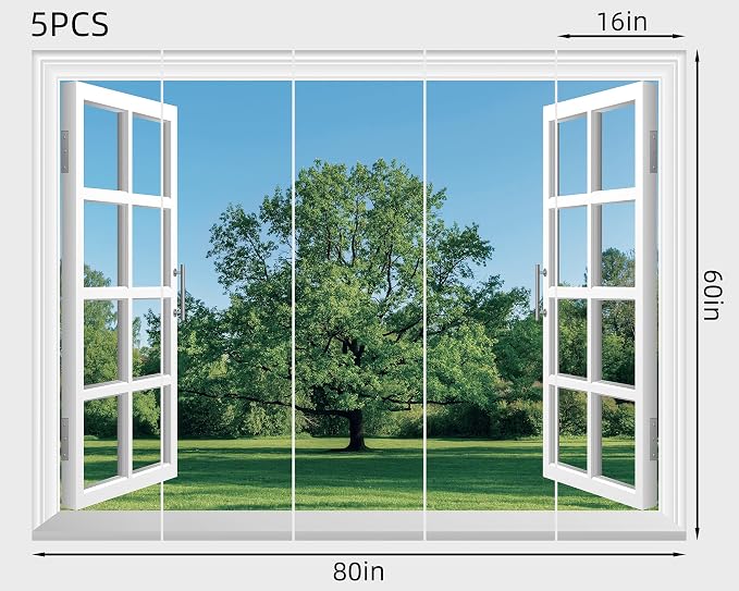 FLFK Fake Window Wall Mural - Grass and Trees Faux Window Wall Decal for Wall Decor, Peel and Stick Wall Sticker,80"x60",Set of 5 Sheets - Image 2