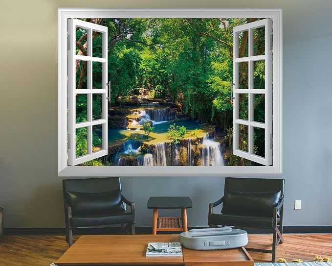 FLFK Fake Window Wall Mural - Jungle Waterfall Faux Window Wall Decal for Wall Decor, Peel and Stick Wall Sticker,80"x60",Set of 5 Sheets - Image 4