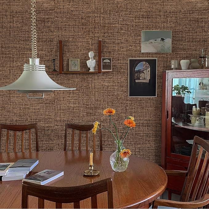 Brown Grasscloth Peel and Stick Wallpaper 17.3"x1200" Faux Linen Textured Contact Paper Removable Self Adhesive Vinyl Wallpaper for Bedroom Bathroom Kitchen Cabinets - Image 3