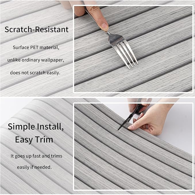 Haimin Wood Grain Slat Wall Panels Peel and Stick Faux Wood Thick Wallpaper | 118"x15.75" Waterproof PET & IXPE Foam Paneling Adhesive Smooth Beadboard Wallpaper Wall Covering Panels (Light Gray) - Image 7