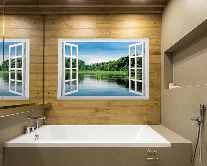 FLFK Fake Window Wall Sticker, Lake Forest Nature View Peel and Stick Mural, White Frame, Self-Adhesive Removable Decal, 80 x 60 Inches, Easy Peel and Stick, for Home, Office, Bedroom Decor - Image 5