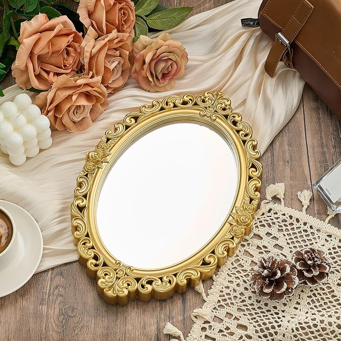 Beeveer 2 Style Vintage Mirrors Set Decorative Oval Wall Mirror Small Antique Mirrored Tray Decorative Hanging Mirror for Bathroom Bedroom Jewelry Organizer Victorian Decor (Square,Gold) - Image 6