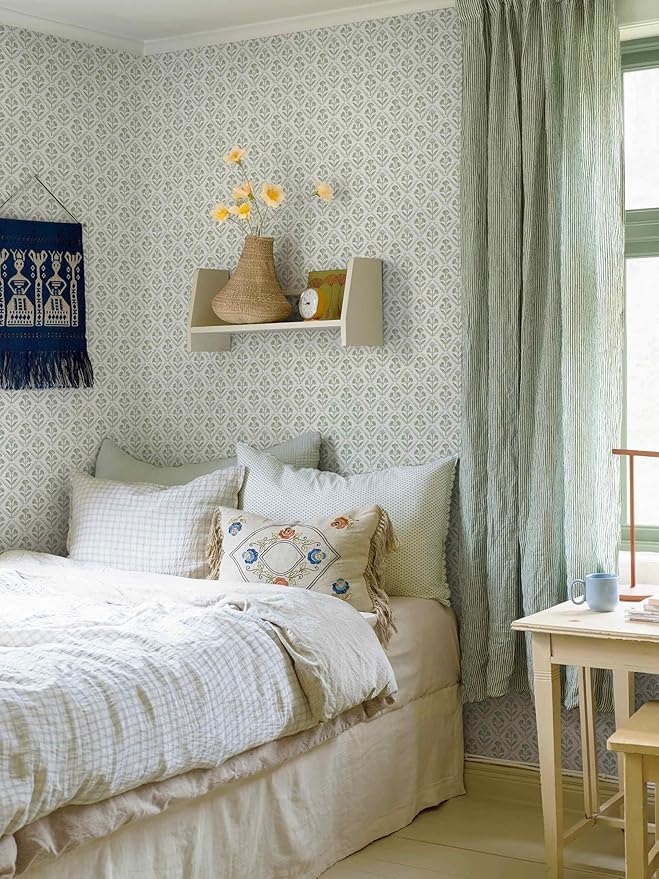 Dimoon Green Peel and Stick Wallpaper Floral Contact Paper Village Vintage Summer Cute Farmhouse Cottage Wall Paper Country Renter Friendly Geometry Waterproof Moody Bathroom Kitchen 78.7"x17.3" - Image 3