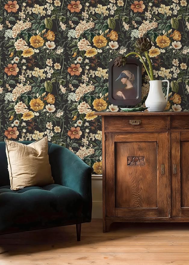 Livebor Black Floral Peel and Stick Wallpaper Flower Wallpaper16.9 x118.1 | Vintage Floral Contact Paper Boho Self Adhesive Botanical Wall Paper for Kitchen Waterproof Cabinets Decorative Vinyl - Image 7