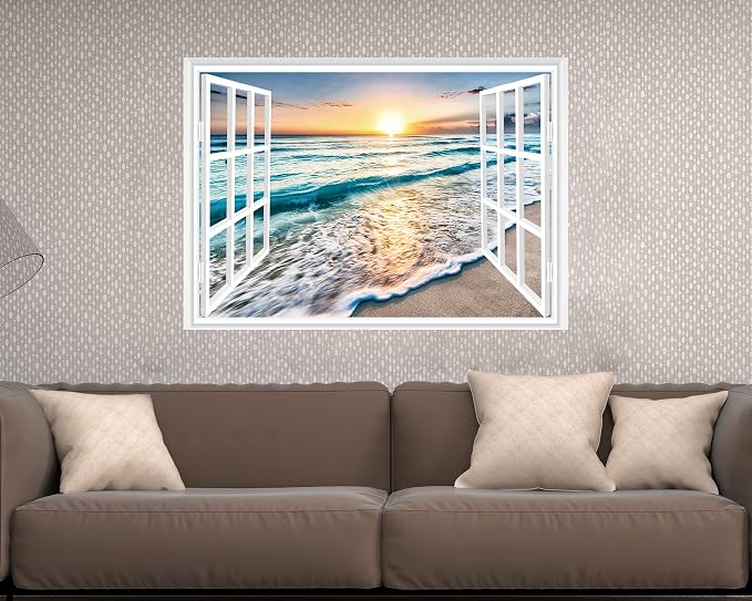 FLFK Fake Window Wall Sticker - Sunset Beach Faux Window Wall Mural for Wall Decor, Stick and Peel Wall Decals,48"x32",Set of 2 Sheets - Image 4